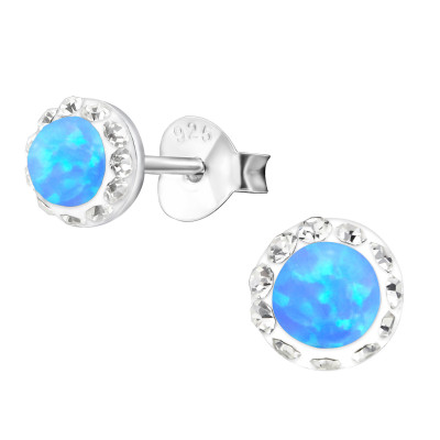 Silver Round Ear Studs with Crystal and Syntheic Opal