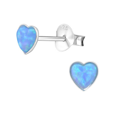 Silver Heart Ear Studs with Synthetic Opal