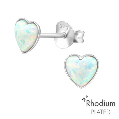 Silver Heart Ear Studs with Opal