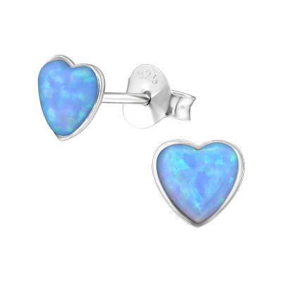 Silver Heart Ear Studs with Synthetic Opal