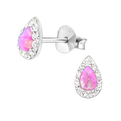 Silver Pear Ear Studs with Crystal and Synthetic Opal