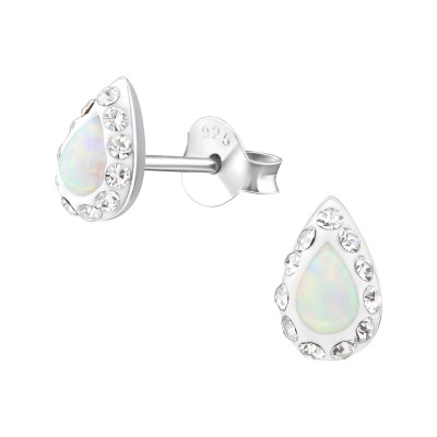 Silver Pear Ear Studs with Crystal and Synthetic Opal