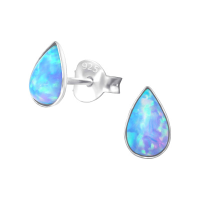 Silver Pear Ear Studs with Synthetic Opal