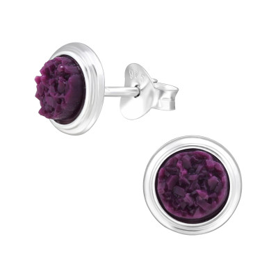 Round Sterling Silver Ear Studs with Druzy Stone