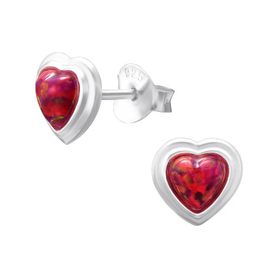 Silver Heart Ear Studs with Synthetic Opal