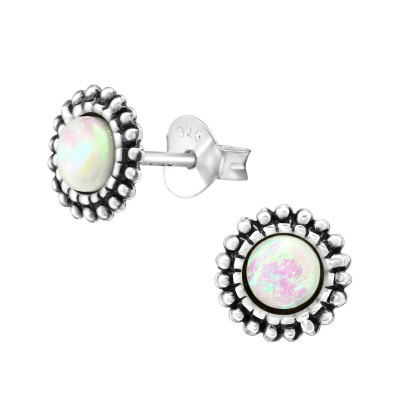 Silver Round Ear Studs with Imitation Opal