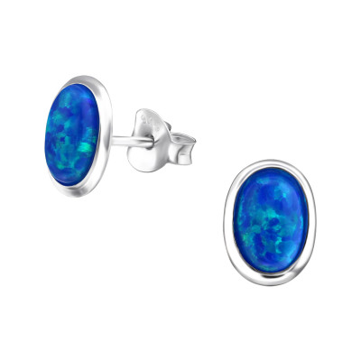 Silver Oval Ear Studs with Synthetic Opal