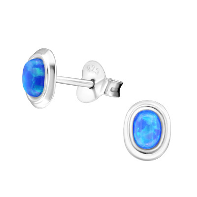 Silver Oval Ear Studs with Synthetic Opal