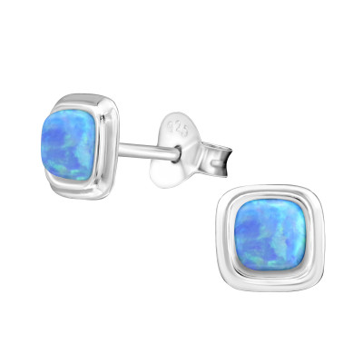 Silver Square Ear Studs with Synthetic Opal