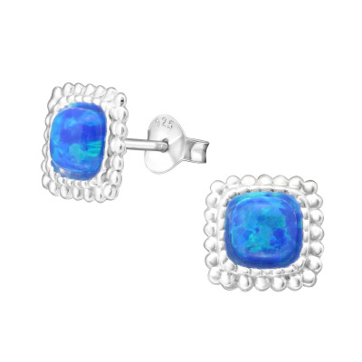 Silver Square Ear Studs with Opal