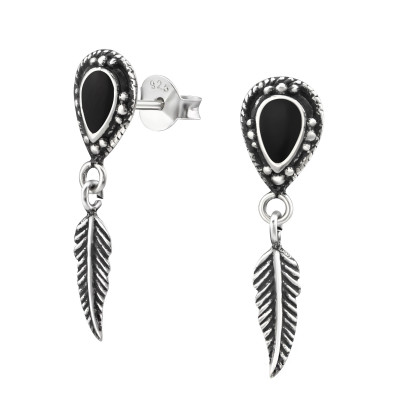 Silver Pear Ear Studs with Hanging Feather and Epoxy