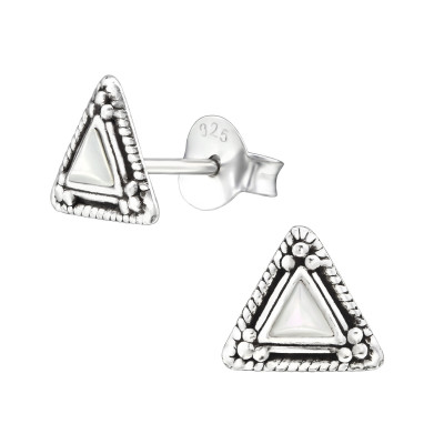 Silver Oxidized Triangle Ear Studs with Imitation Stone