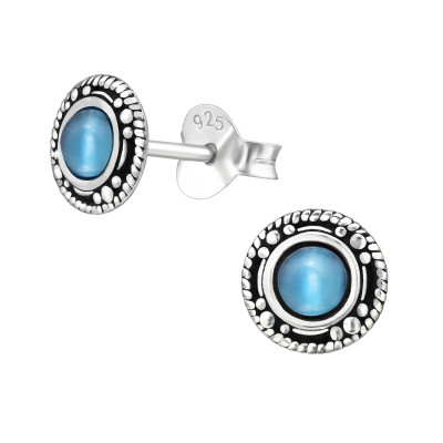 Silver Oxidized Circle Ear Studs with Cat Eye