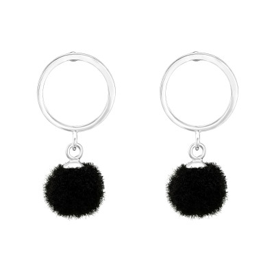 Silver Circle Ear Studs with Hanging Pom-Pom 