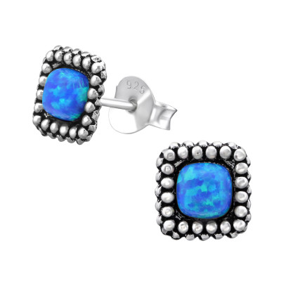 Silver Square Ear Studs with Synthetic Opal