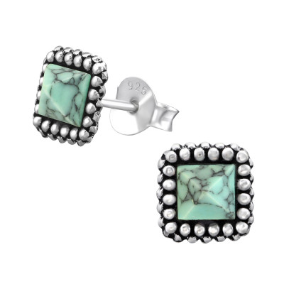 Silver Square Ear Studs with Imitation Stone