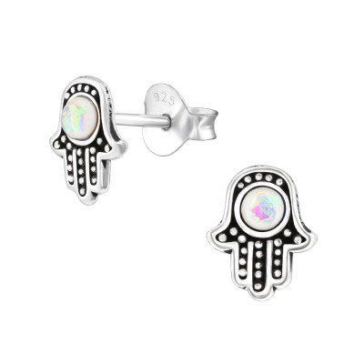 Silver Hamsa Ear Studs with Imitation Opal
