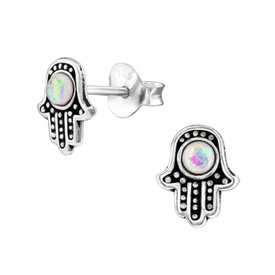 Silver Hamsa Ear Studs with Imitation Opal