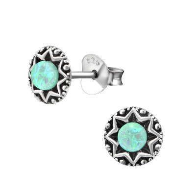 Silver Oxidized Star Ear Studs with Imitation Opal