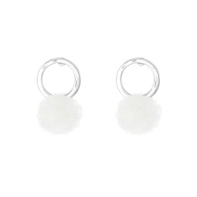 Silver Circle Ear Studs with Pom-Pom