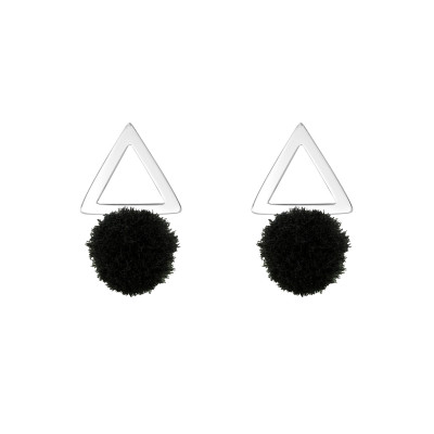 Silver Triangle Ear Studs with Pom-pom