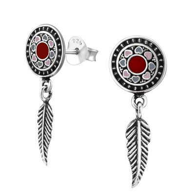 Silver Oxidized Ear Studs with Hanging Feather Ear Studs with Epoxy