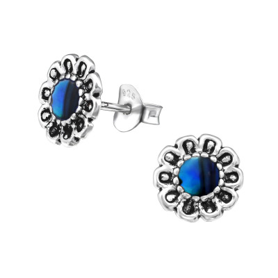 Silver Flower Ear Studs with Imitation Stone and Epoxy