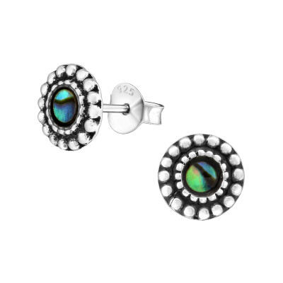 Silver Round Ear Studs with Imitation Stone and Epoxy