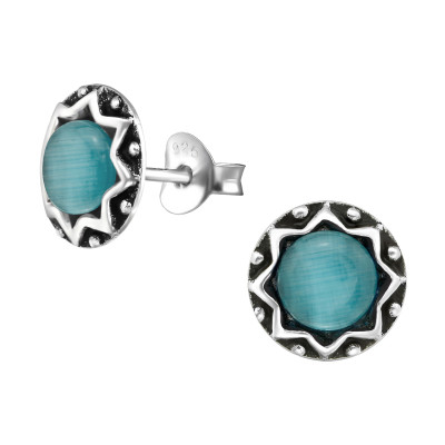 Silver Round Ear Studs with Cat Eye