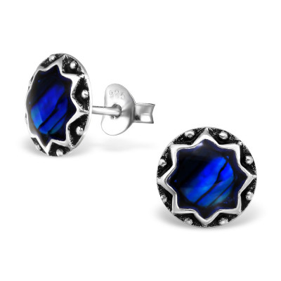 Silver Round Ear Studs with Imitation Stone and Epoxy