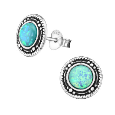 Silver Round Oxidized Ear Studs with Imitation Opal