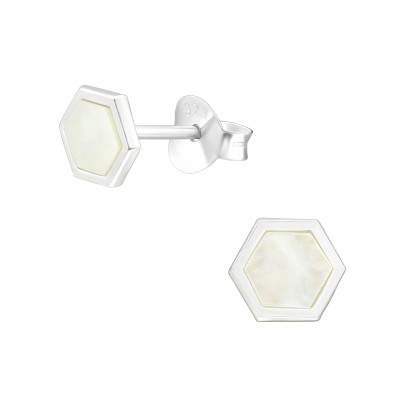 Silver Hexagon Ear Studs with Imitation Stone