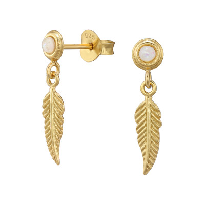 Silver Feather Ear Studs with Imitation Opal