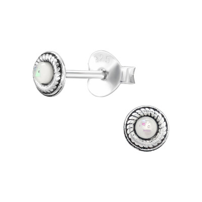 Round Sterling Silver Ear Studs with Imitation Opal