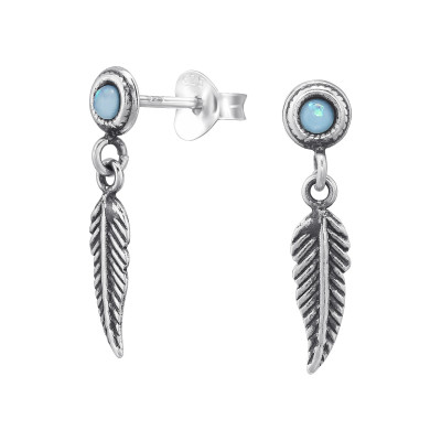 Silver Feather Ear Studs with Imitation Opal