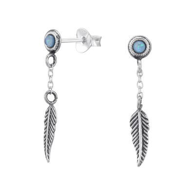 Silver Feather Ear Studs with Imitation Opal and Epoxy