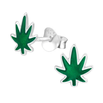 Silver Cannabis Leaf Ear Studs with Epoxy