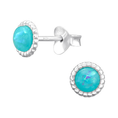 Silver Round 4mm Ear Studs with Imitation Opal