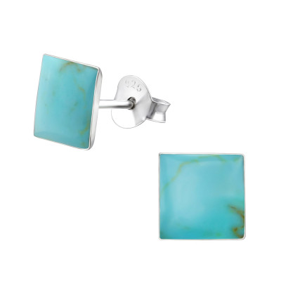 Silver Square Ear Studs with Imitation Stone