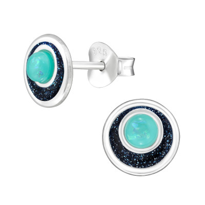 Silver Disc Ear Studs with Imitation Opal and Epoxy