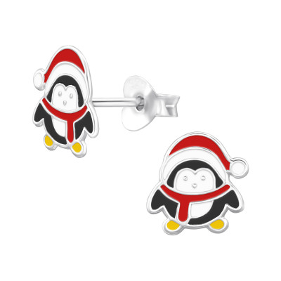 Penguin with Christmas Hat Sterling Silver Ear Studs with Epoxy