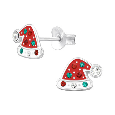 Santa Hat Sterling Silver Ear Studs with Crystal and Epoxy