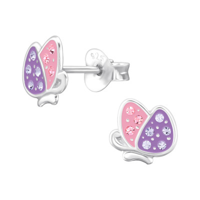 Butterfly Sterling Silver Ear Studs with Crystal and Epoxy