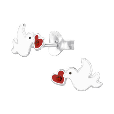ฺBirds and Heart Sterling Silver Ear Studs with Crystal and Epoxy