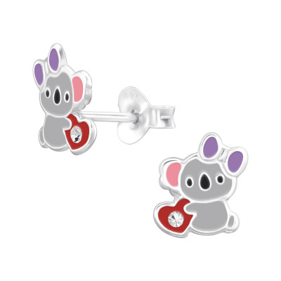 Koala Sterling Silver Ear Studs with Crystal and Epoxy