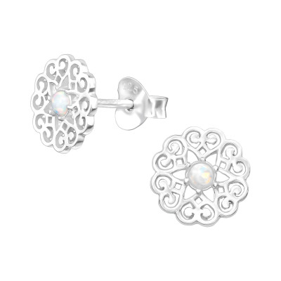 Silver Filigree Ear Studs with Synthetic Opal