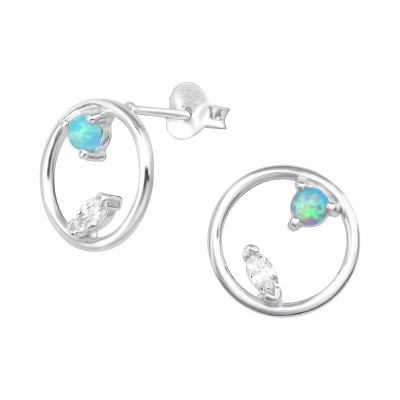 Silver Circle Ear Studs with Cubic Zirconia and Synthetic Opal