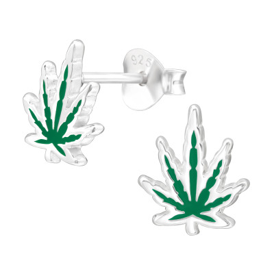 Silver Cannabis Leaf Ear Studs with Epoxy