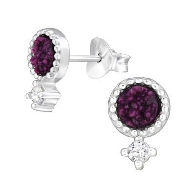 Round Sterling Silver Ear Studs with Cubic Zirconia and Druzy Stone