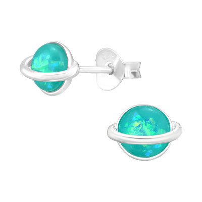 Silver Saturn Ear Studs with Imitation Opal